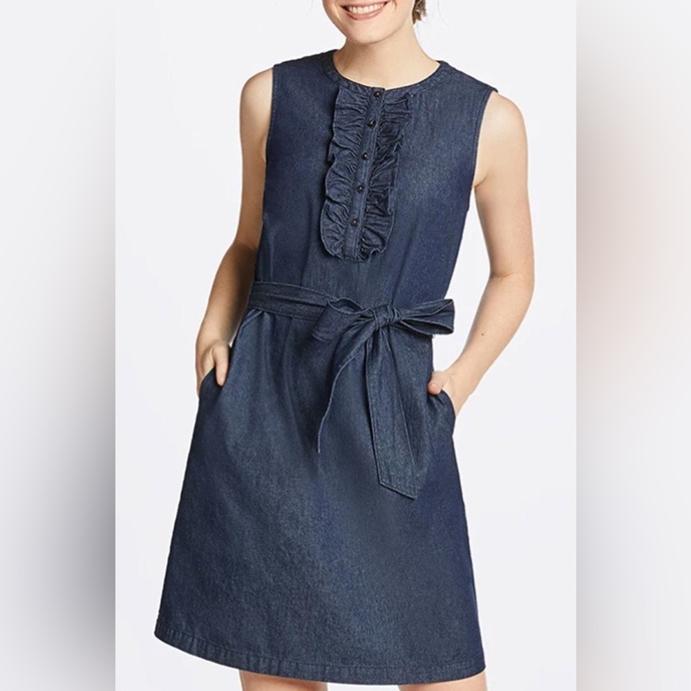 Draper James Belted Sleeveless Chambray Ruffle Shift Dress W/ Pockets - Size XS